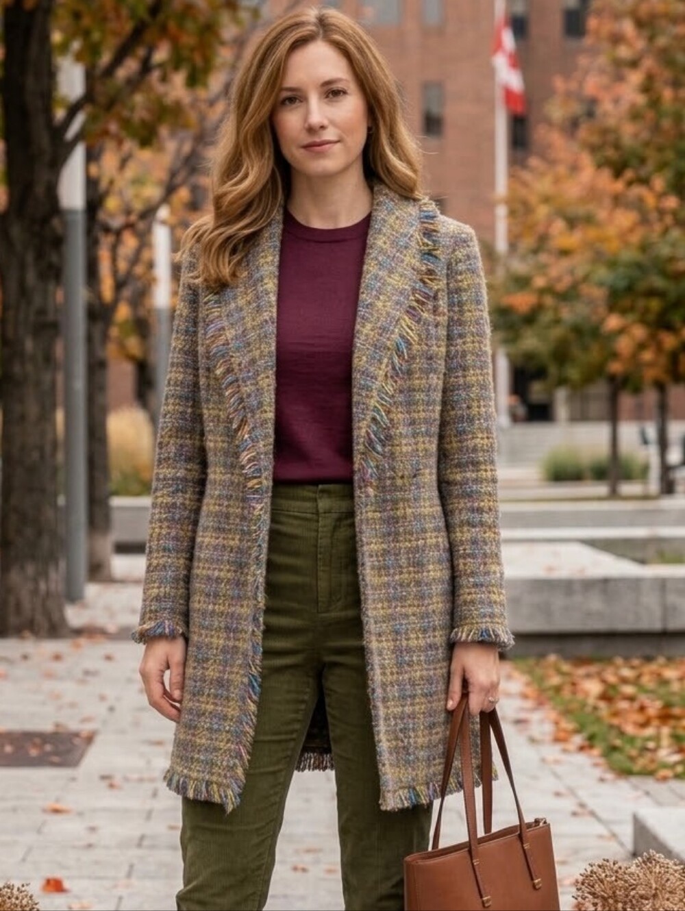 Wool Bland Tweed Coat Belted Wrap Fringe Multi Wool Blend 6